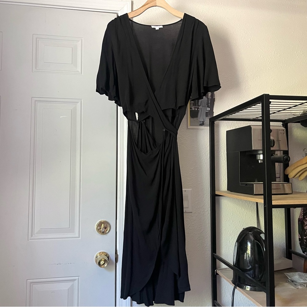 VETTA‎ black short flutter sleeve wrap cutout midi dress